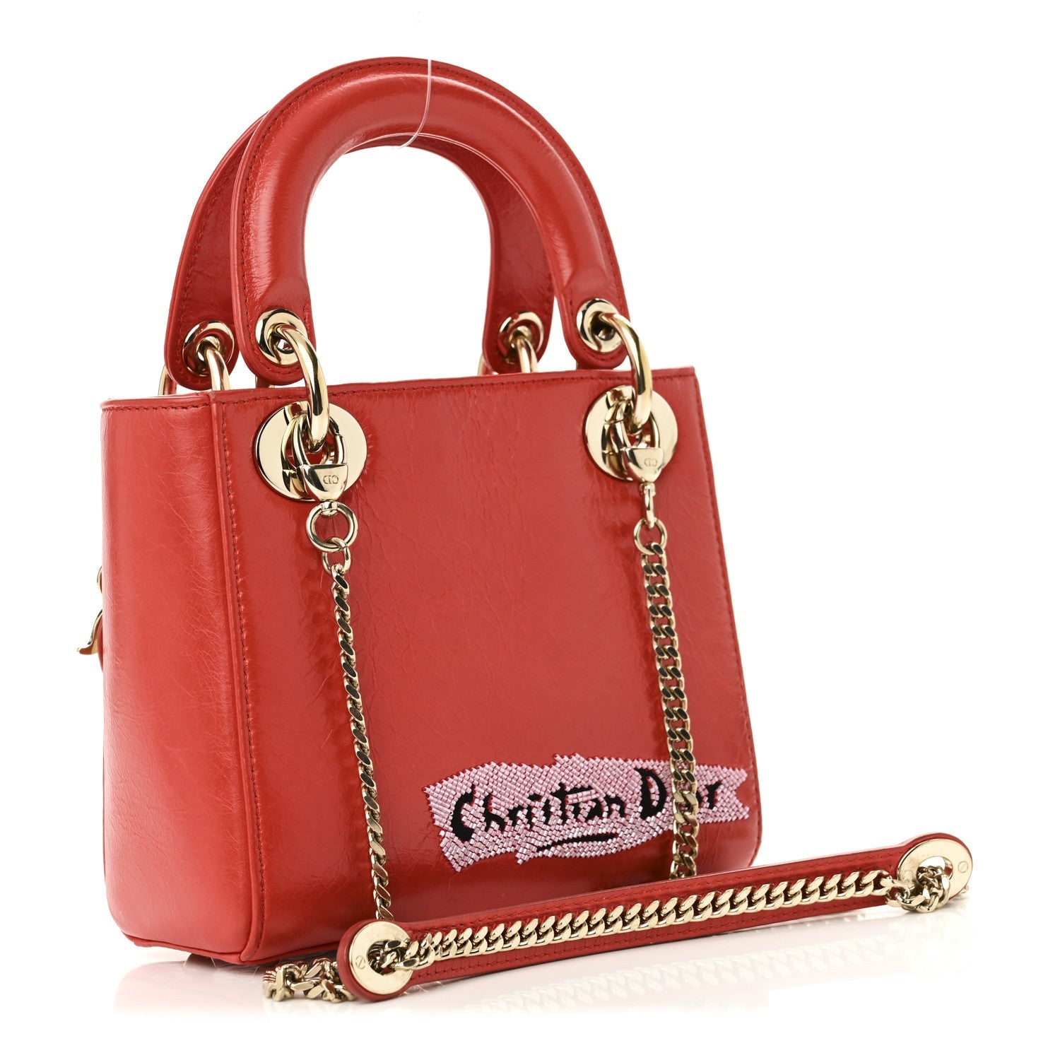 Calfskin Beaded Mini Lady D1OR Rouge Multicolor