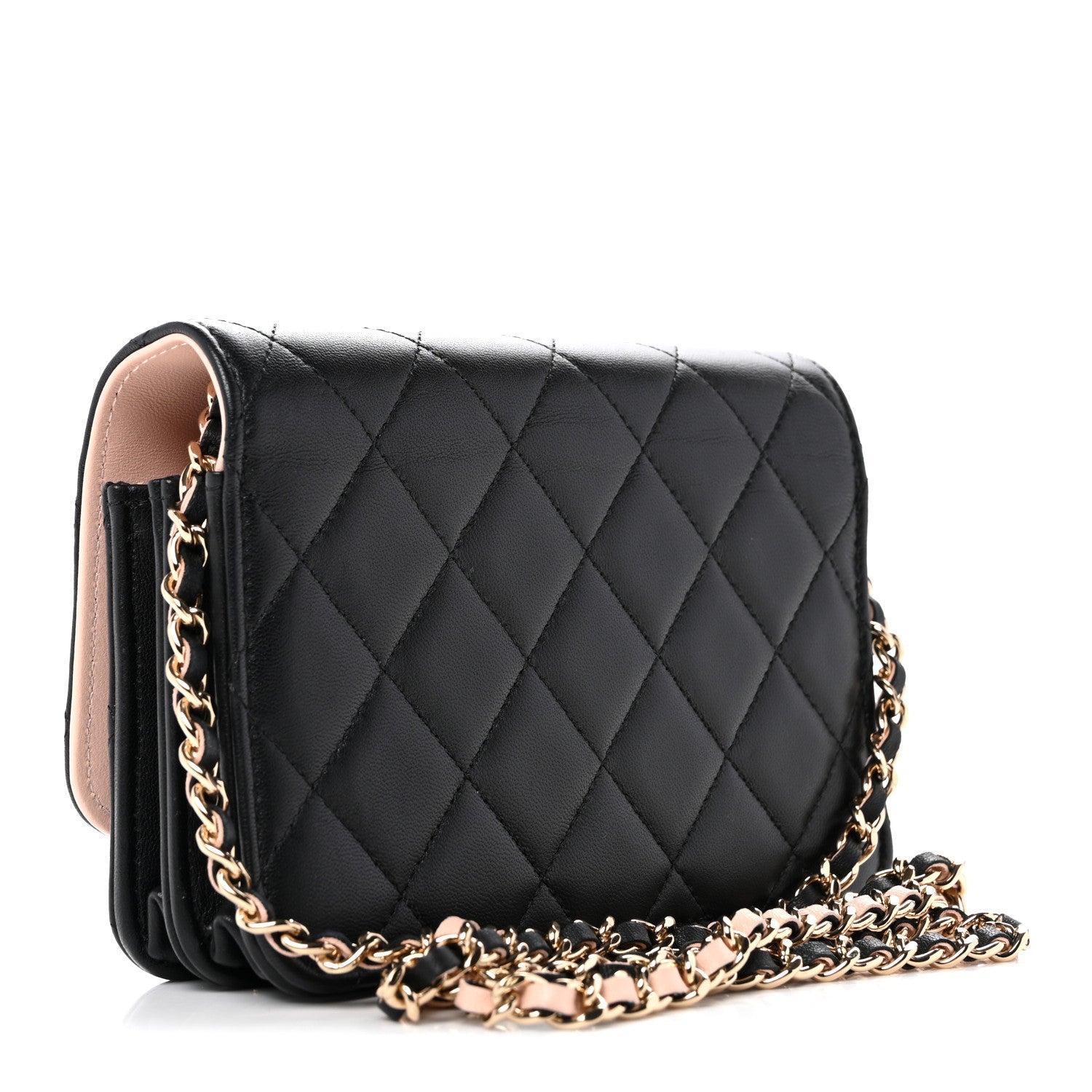 Lambskin Quilted Mini Wallet on Chain WOC Black Pink
