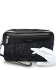 Fabric Jacquard Calfskin Barocco Wristlet Pouch Black