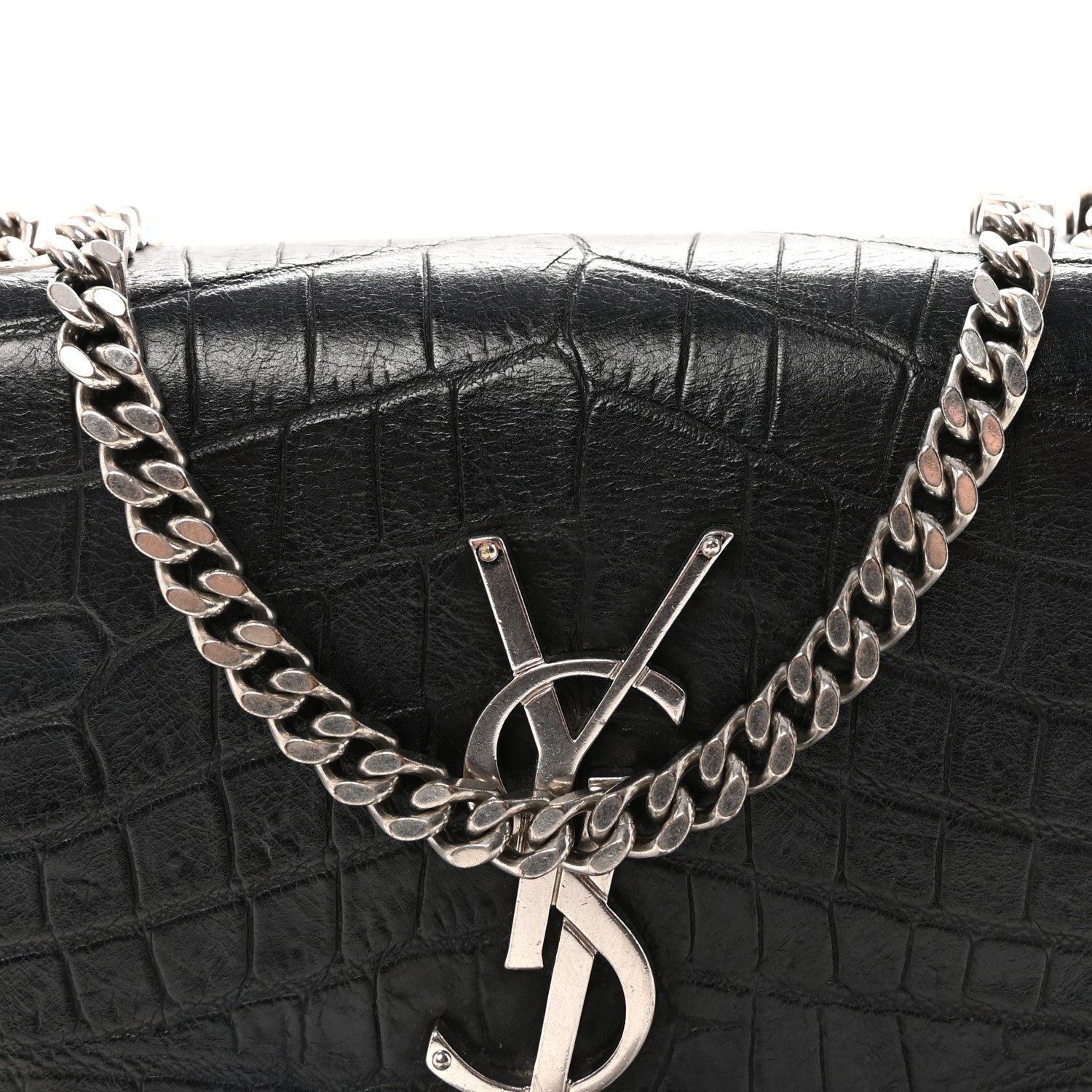 Calfskin Crocodile Embossed Small Classic Monogram Kate Tassel Satchel Black