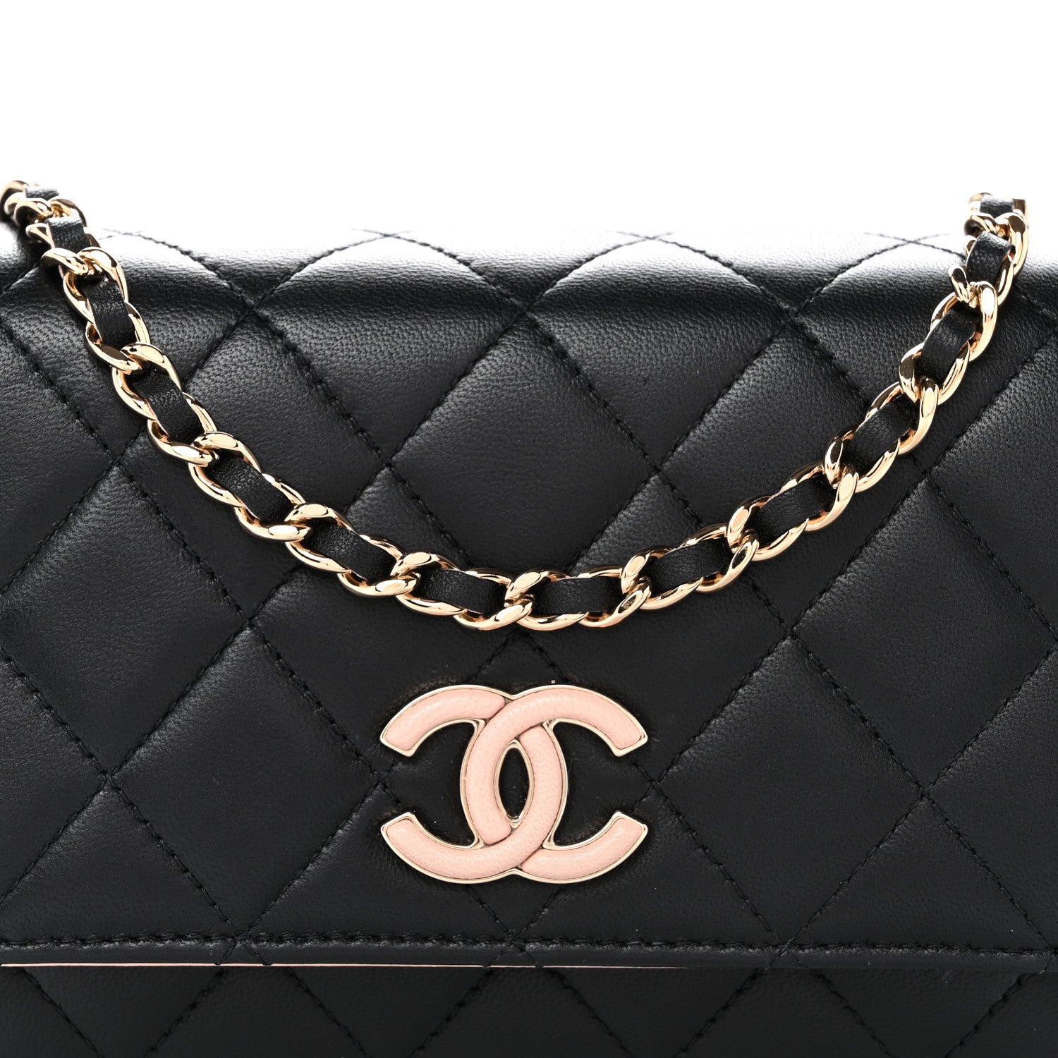 Lambskin Quilted Mini Wallet on Chain WOC Black Pink