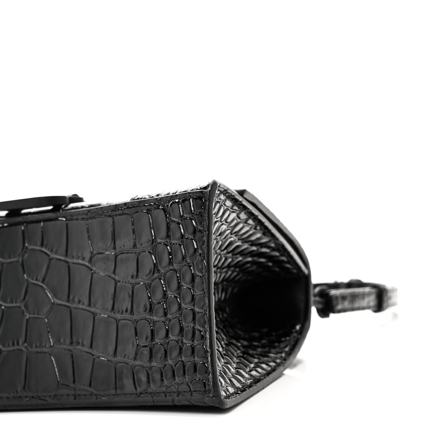 Shiny Calfskin Monochrome Crocodile Embossed Small Hourglass Top Handle Bag Black
