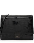 Crocodile Accordion Flap Shoulder Bag Black