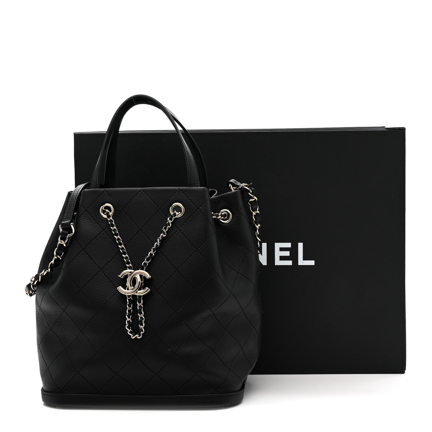 Calfskin Stitched Chain Top Handle Bucket Bag Black
