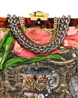 Silk Crystal Beaded Sequin Plexiglass Floral Vanda Circles Chain Clutch Multicolor