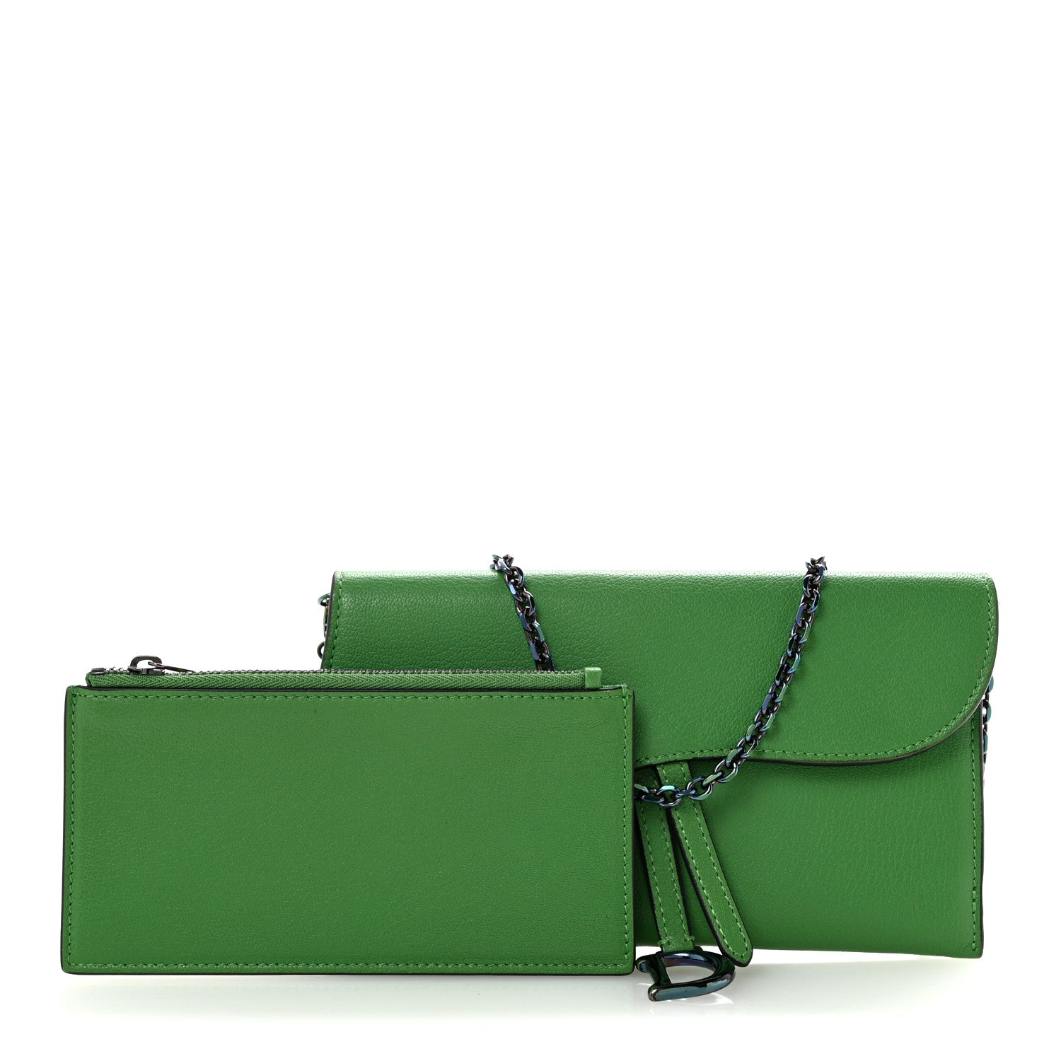 Goatskin Saddle Chain Wallet Pouch Bright Green