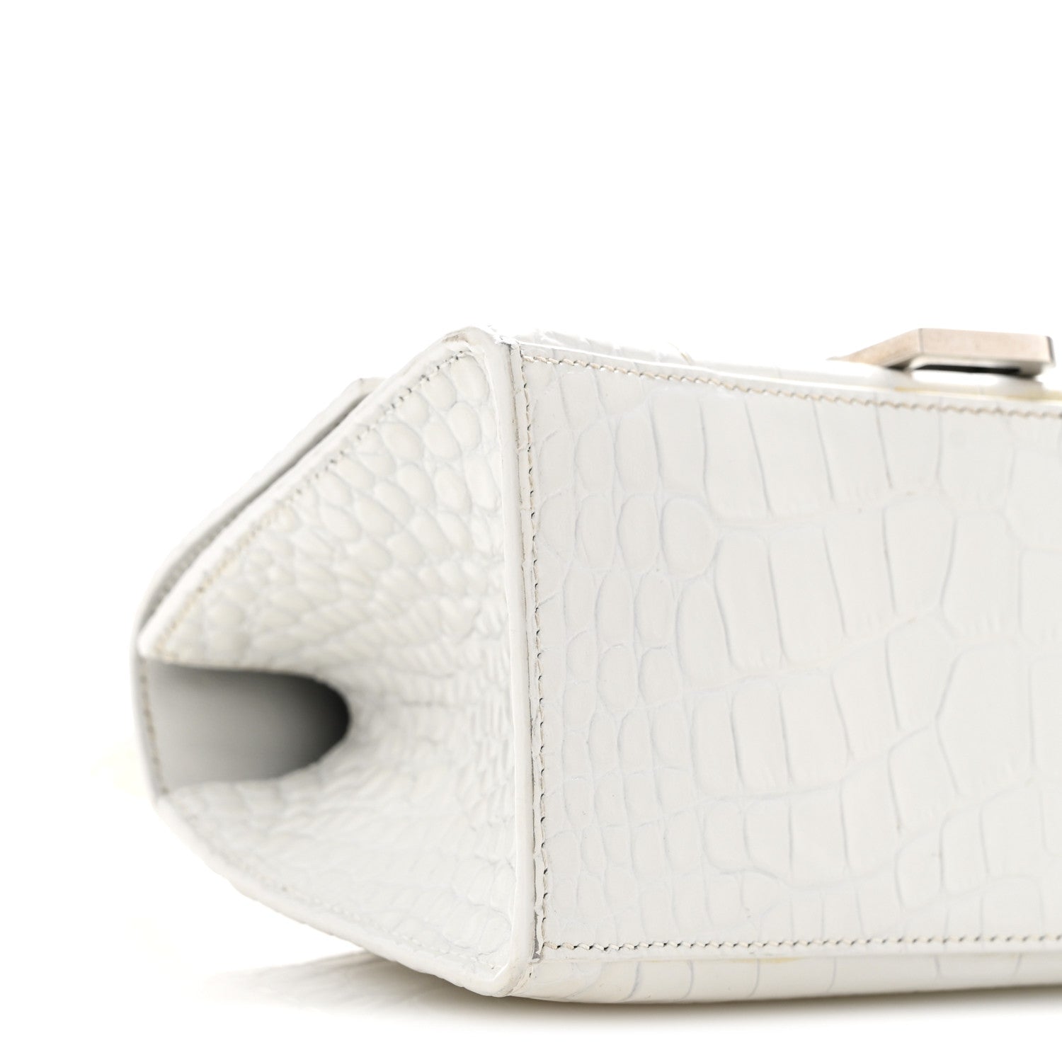 Calfskin Crocodile Embossed Small Hourglass Top Handle Bag White