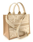 Canvas Calfskin Embroidered Small Plan De Paris Book Tote With Strap Beige