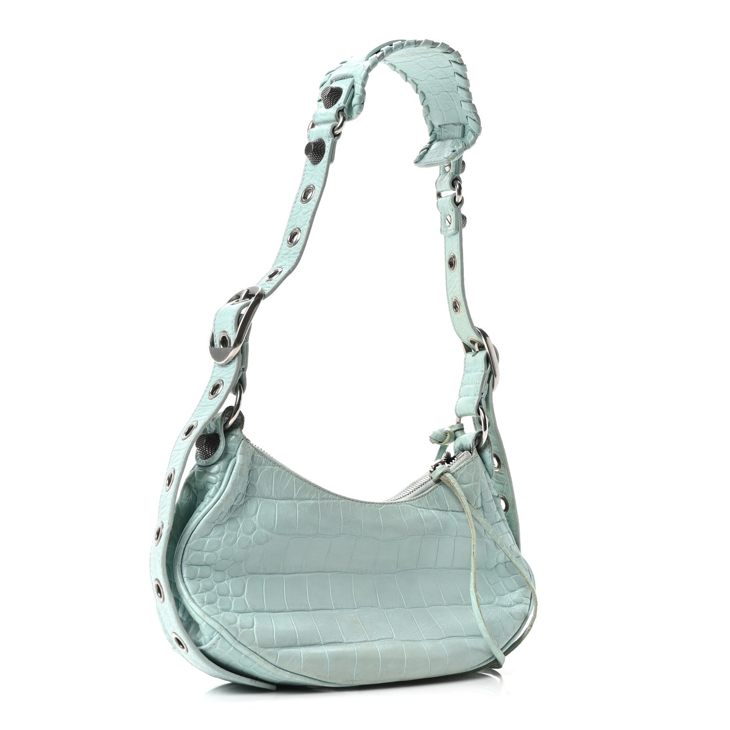 Extra Supple Calfskin Crocodile Embossed Le Cagole Shoulder Bag XS Green Acqua