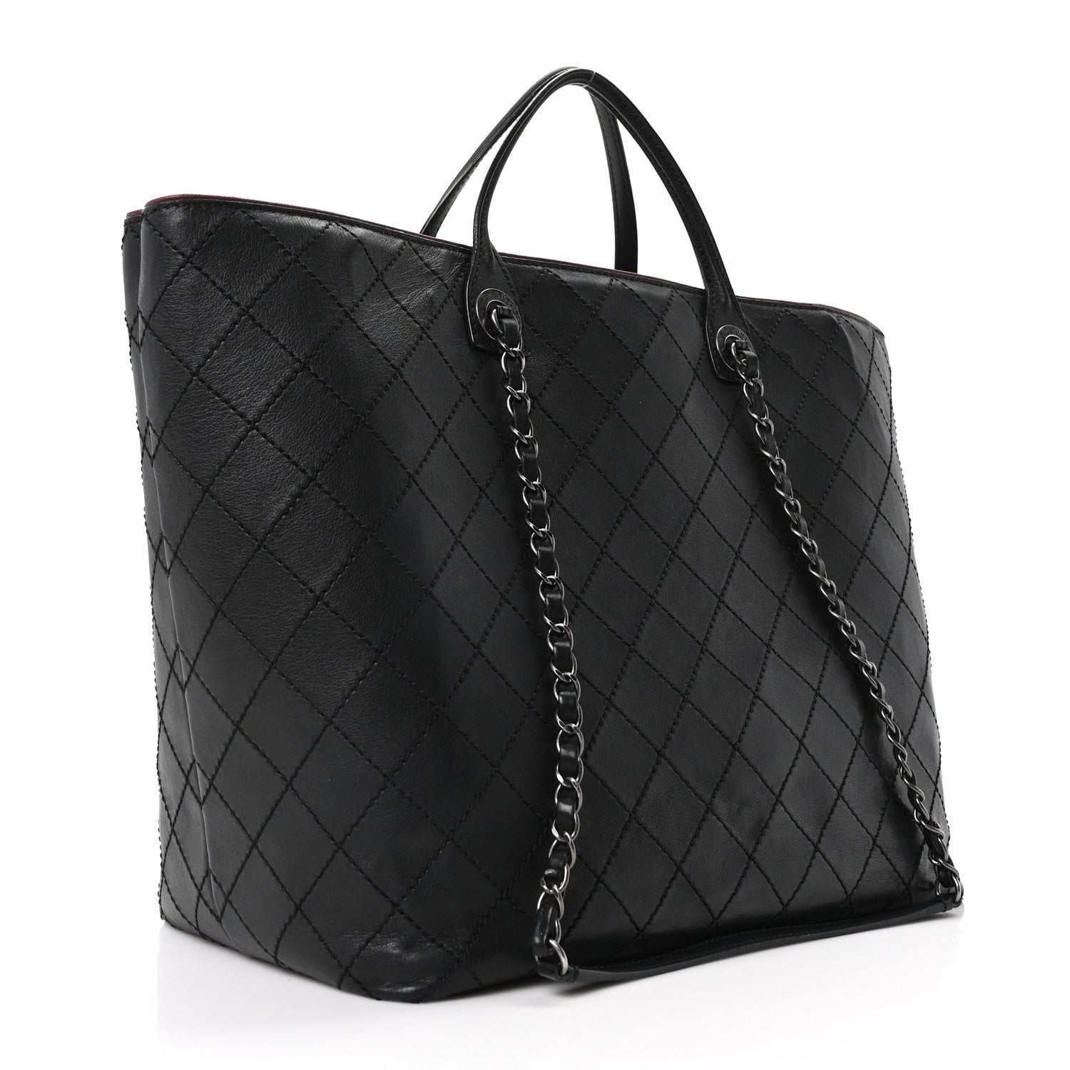 Calfskin Stitched Large Shopping Tote Black