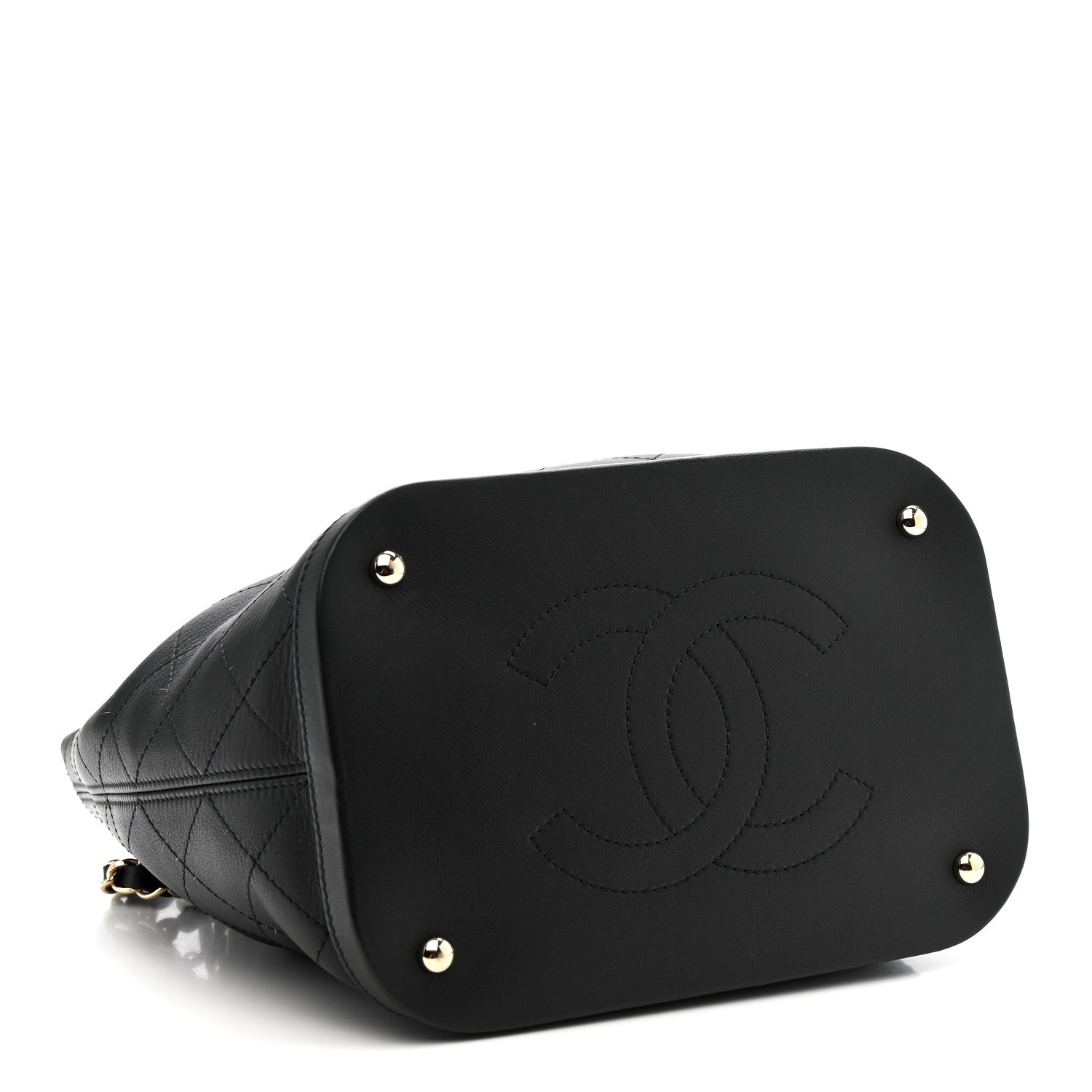 Calfskin Stitched Chain Top Handle Bucket Bag Black