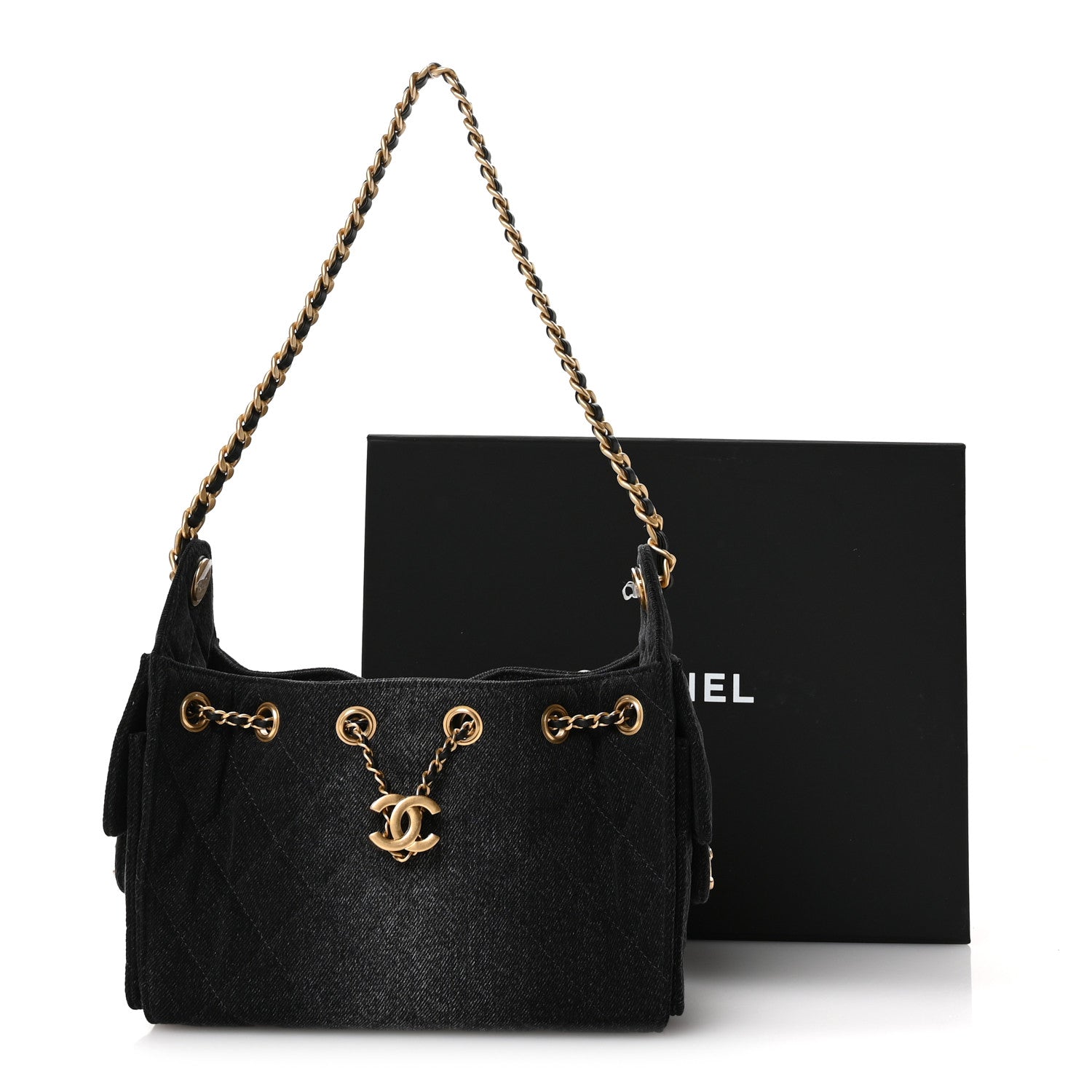 Washed Denim Quilted Mini CHNL 25 Handbag Black