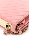 Lambskin Chevron Quilted Trendy CC Wallet On Chain WOC Pink