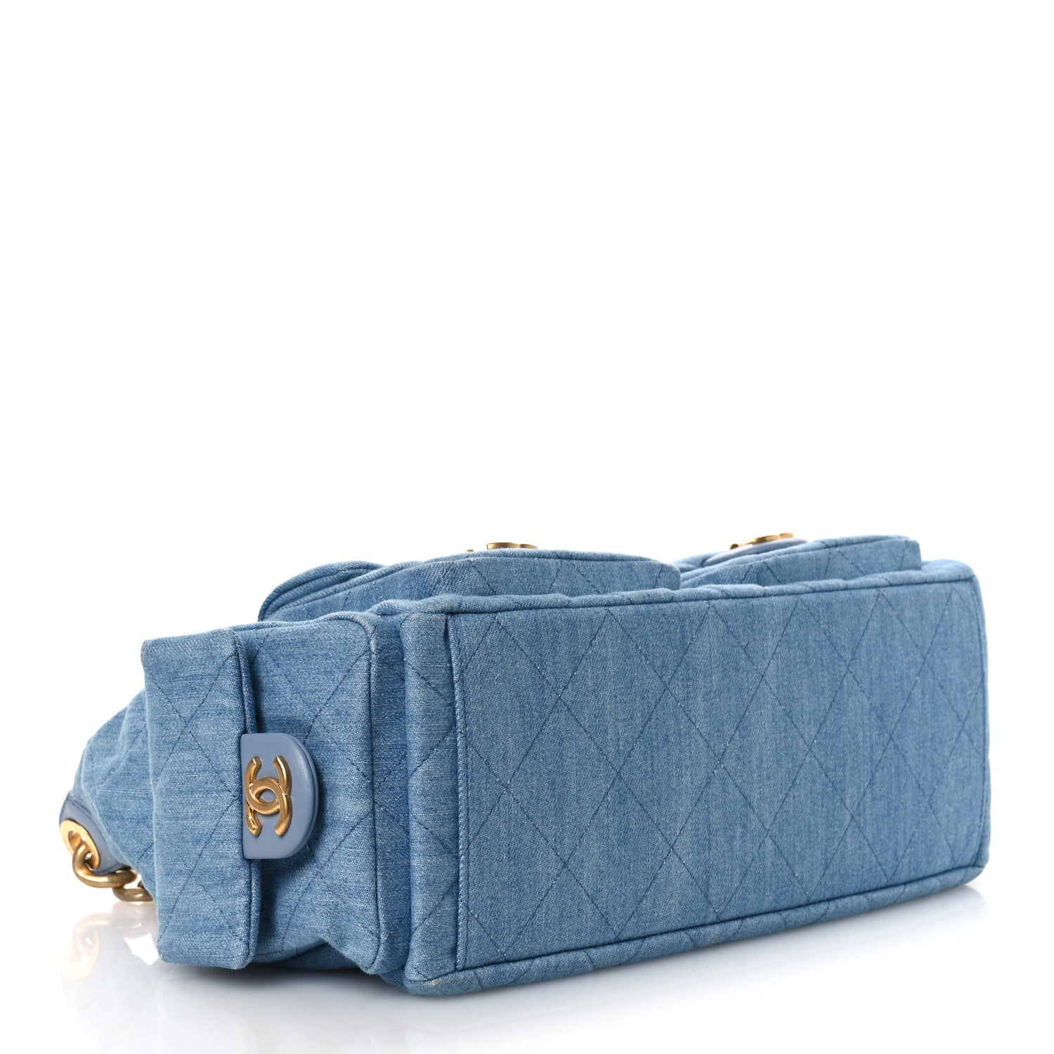 Washed Denim Quilted Large Trendy Pockets Hobo Blue