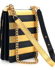 Metallic Lambskin Striped North South Boy Flap Navy Gold