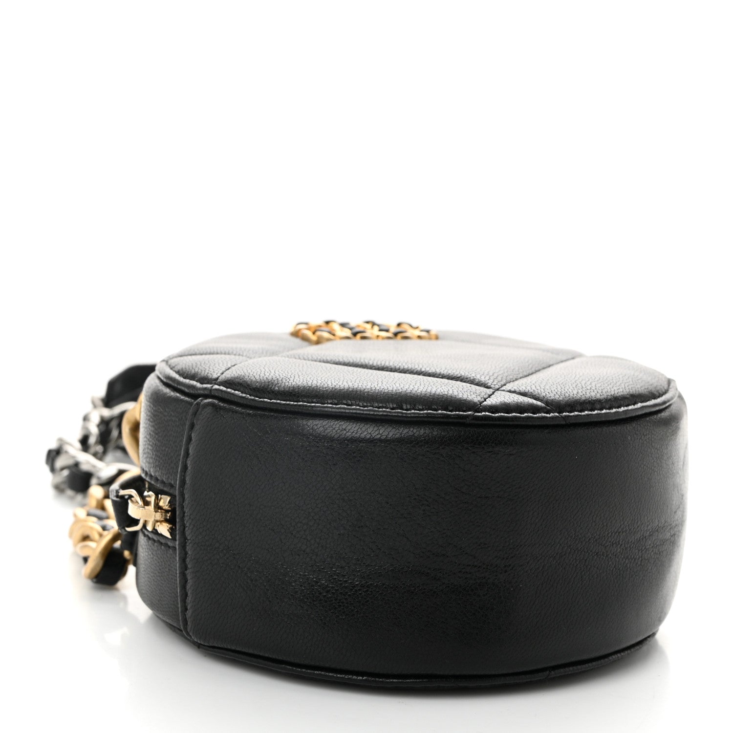 Shiny Goatskin Quilted CHNL 19 Round Clutch With Chain Black