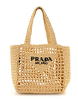 Yarn Raffia Effect Crochet Logo Embroidered Small Tote Bag Naturale
