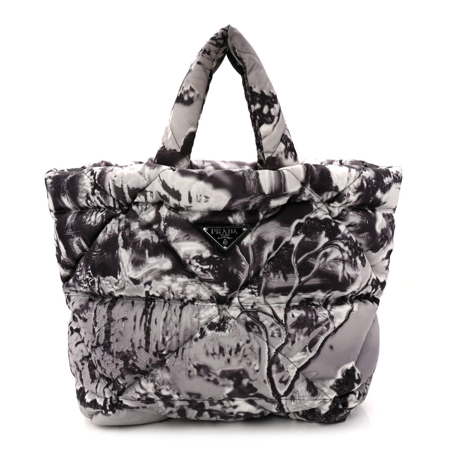 Re-Nylon Padded Printed Medium Tote Bag Black White