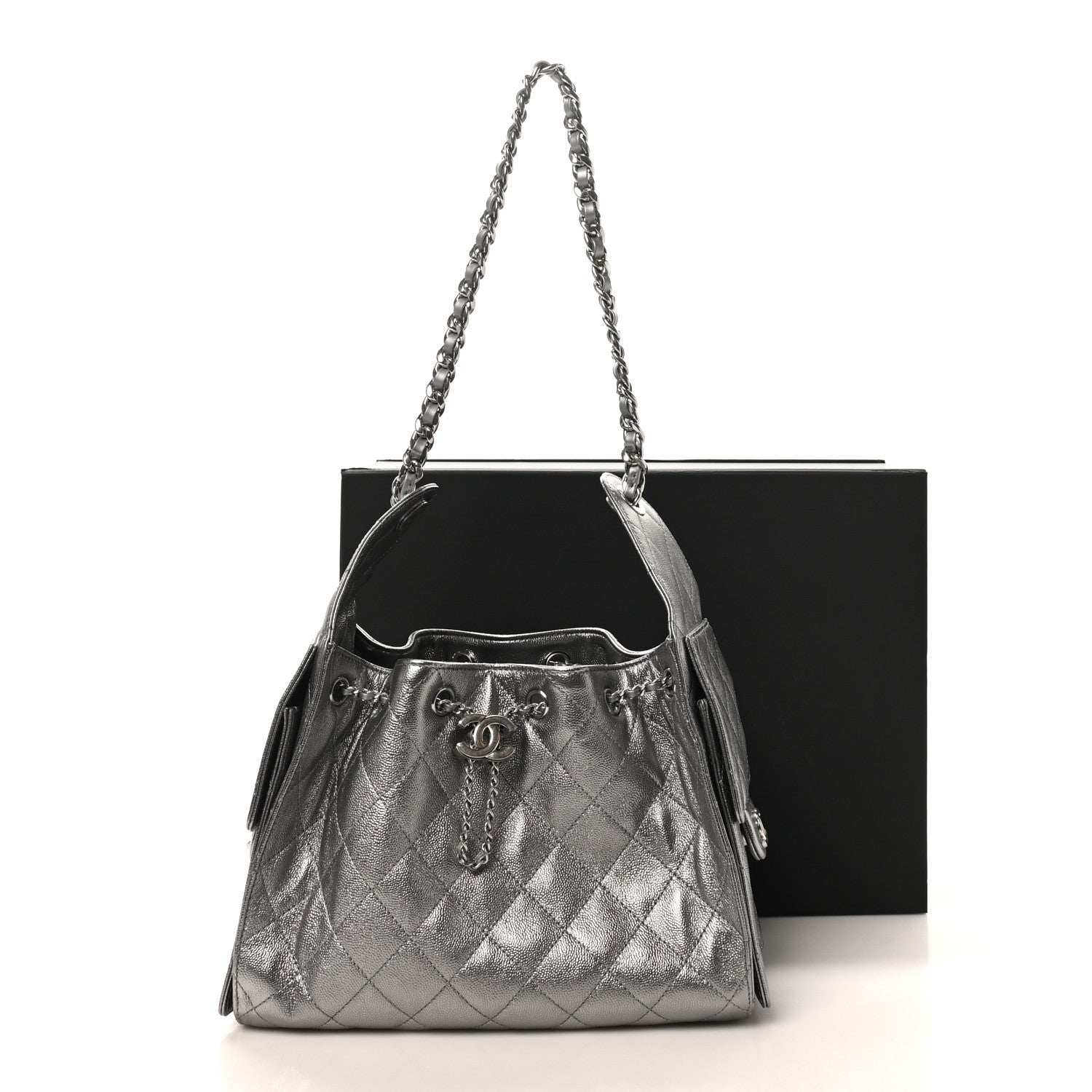 Metallic Caviar Quilted Small CHNL 25 Handbag Anthracite