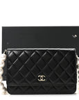 Calfskin Quilted Maxi Pearl Wallet On Chain WOC Black