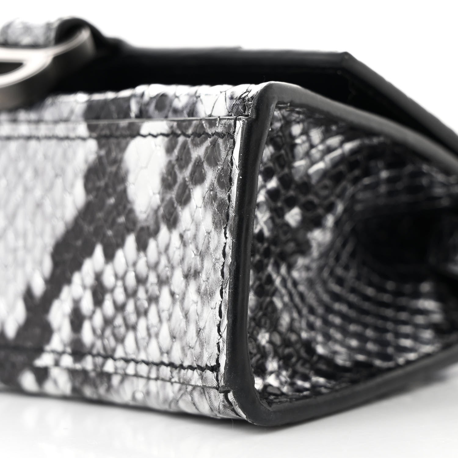 Shiny Calfskin Snakeskin Effect Hourglass Top Handle Bag Mini Silver Black