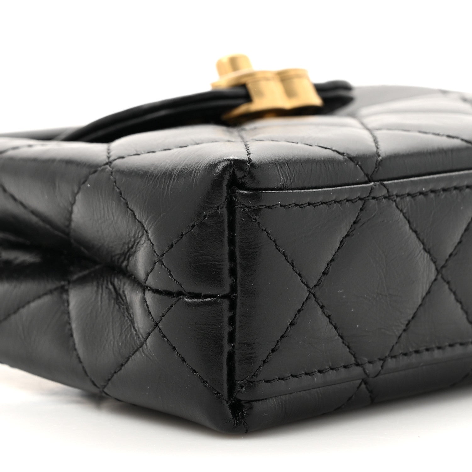Shiny Aged Calfskin Quilted Mini Nano Kelly Shopper Black