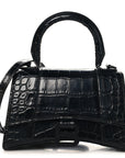 Shiny Calfskin Monochrome Crocodile Embossed Small Hourglass Top Handle Bag Black