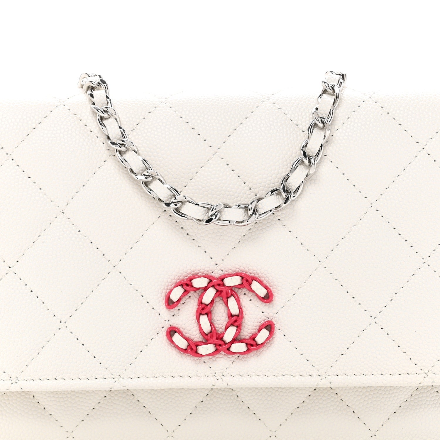 Caviar Quilted CHNL 19 Wallet On Chain WOC White Pink