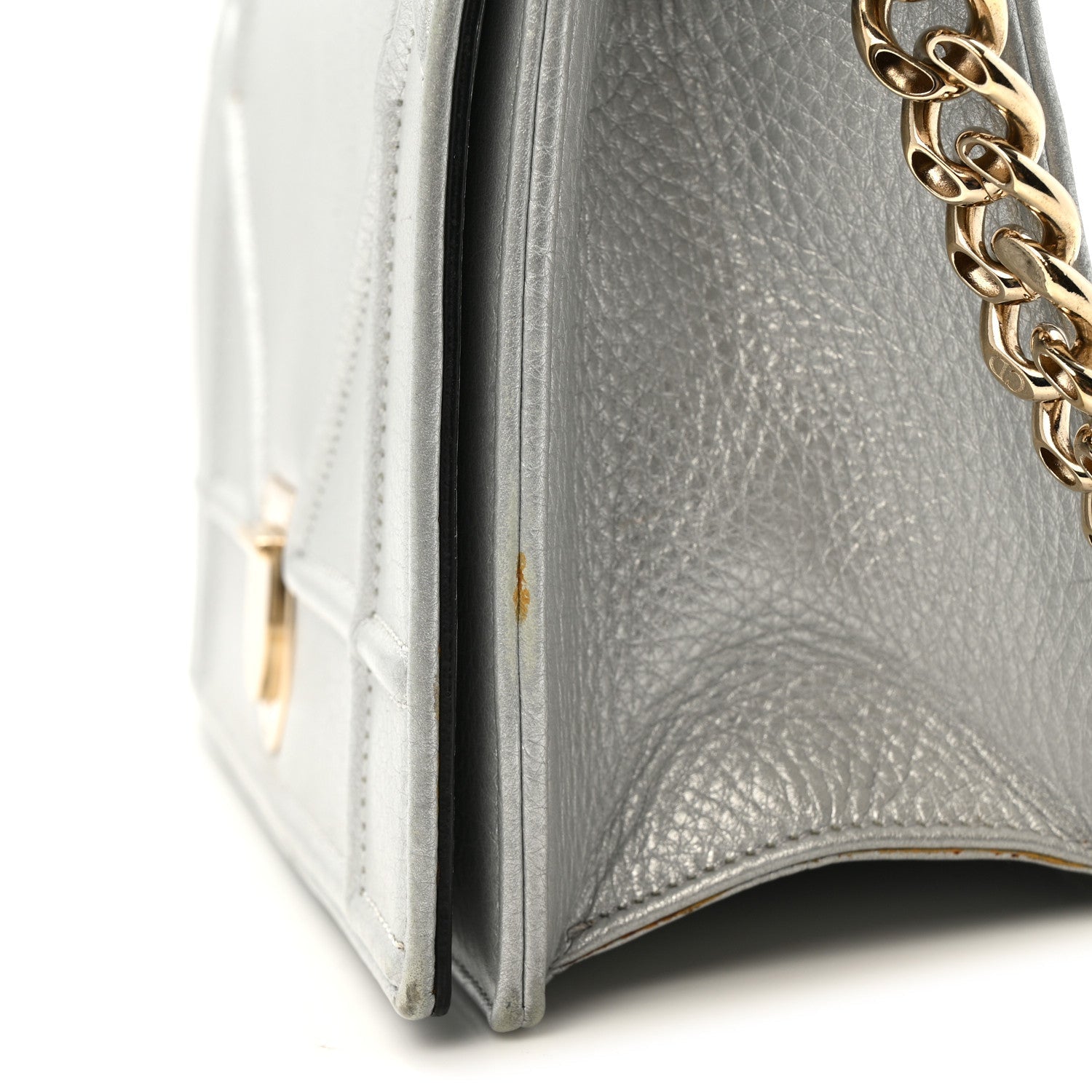 Metallic Grained Calfskin D1ORama Wallet on Chain Pouch Silver