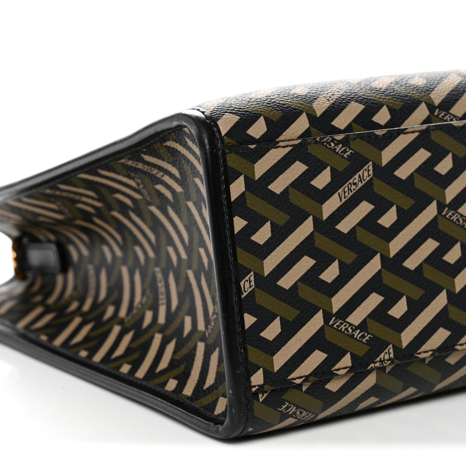 Coated Canvas Calfskin La Greca Signature Tote Bag Black Khaki