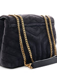 Suede Calfskin Y Quilted Monogram Small Loulou Chain Satchel Deep Marine