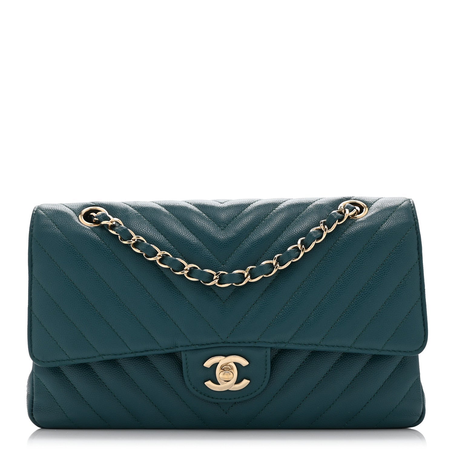 Caviar Chevron Quilted Medium Double Flap  Green