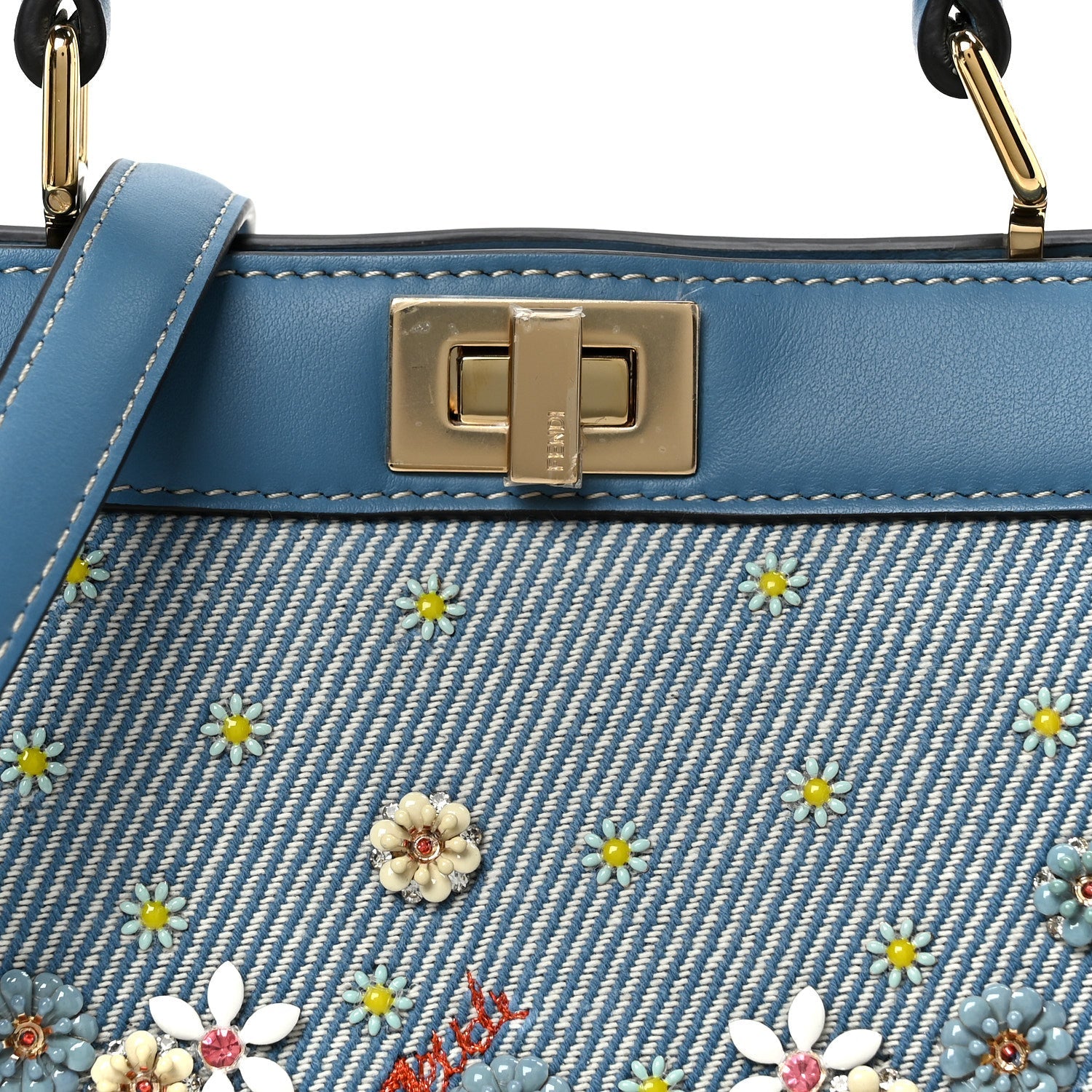 Woven Fabric Calfskin Floral Embroidered Petite Peekaboo I SEE U Satchel Blue