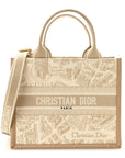 Canvas Calfskin Embroidered Small Plan De Paris Book Tote With Strap Beige