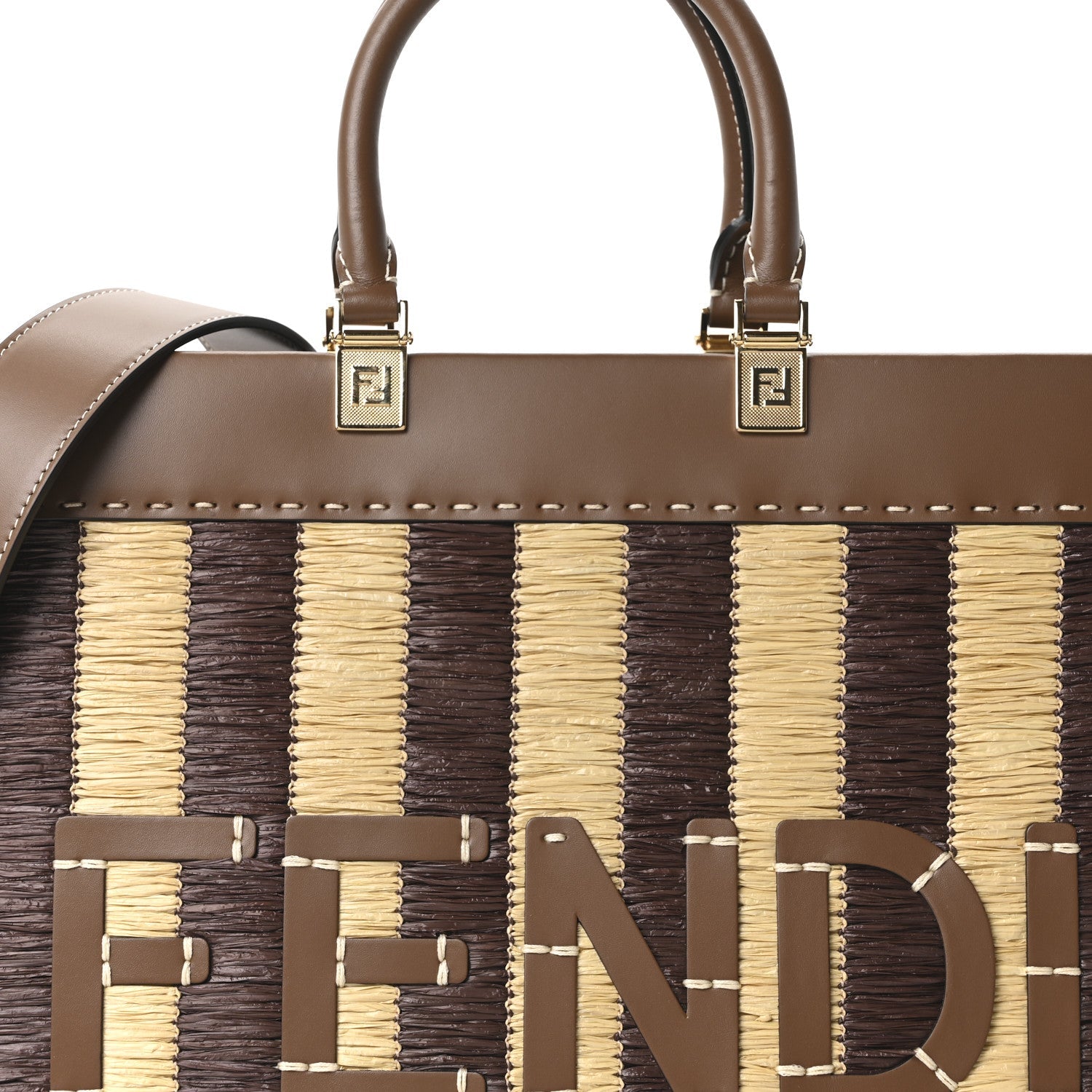 Paglia Pequin Vitello King Woven Medium FNDI Sunshine Shopper Tote Naturale Gianduia