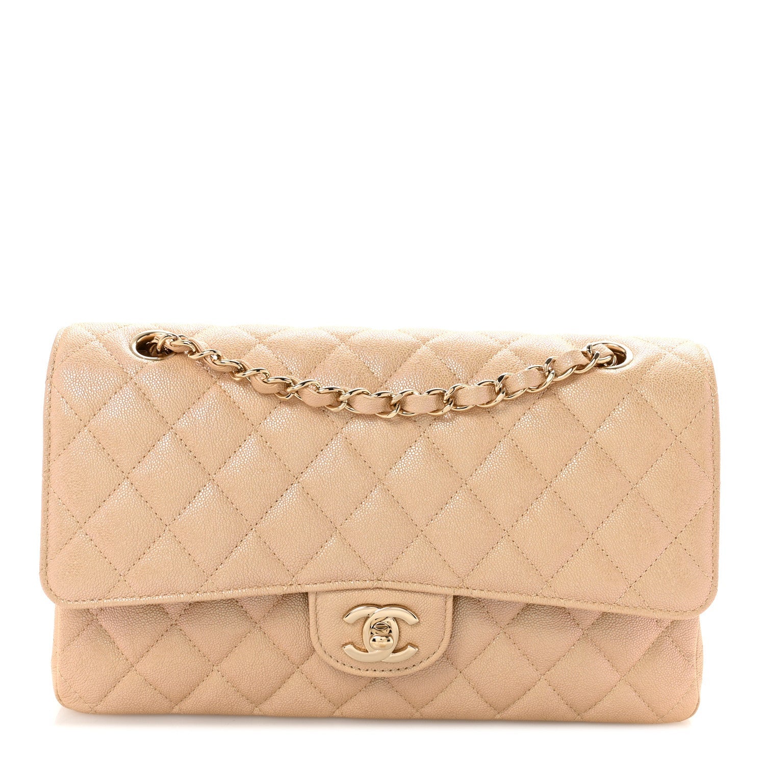 Iridescent Caviar Quilted Medium Double Flap Beige