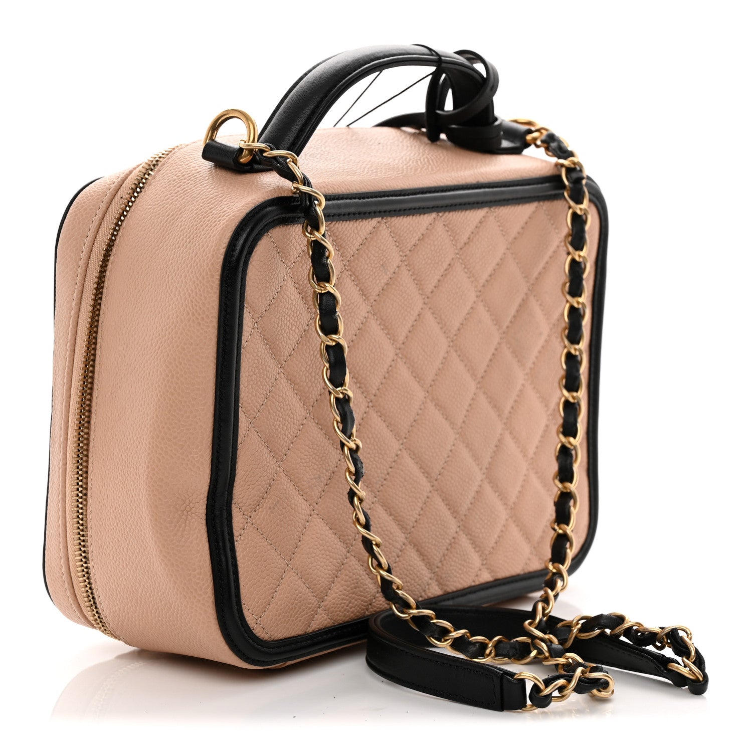 Caviar Quilted Large CC Filigree Vanity Case Beige Black