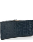 Shiny Calfskin Crocodile Embossed Small Hourglass Top Handle Bag Dark Petrol Blue