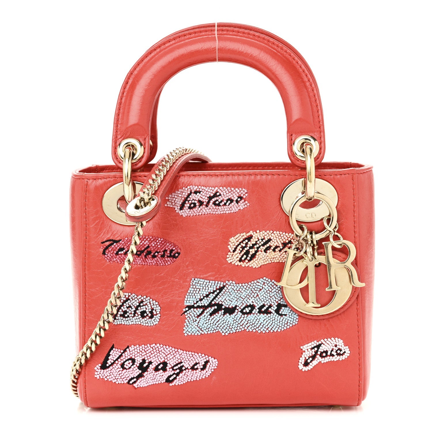 Calfskin Beaded Mini Lady D1OR Rouge Multicolor