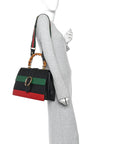 Calfskin Bamboo Web Large Dionysus Top Handle Bag Black Bright Evergreen Hibiscus Red