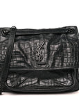 Crocodile Embossed Lambskin Monogram Medium Niki Chain Satchel Black