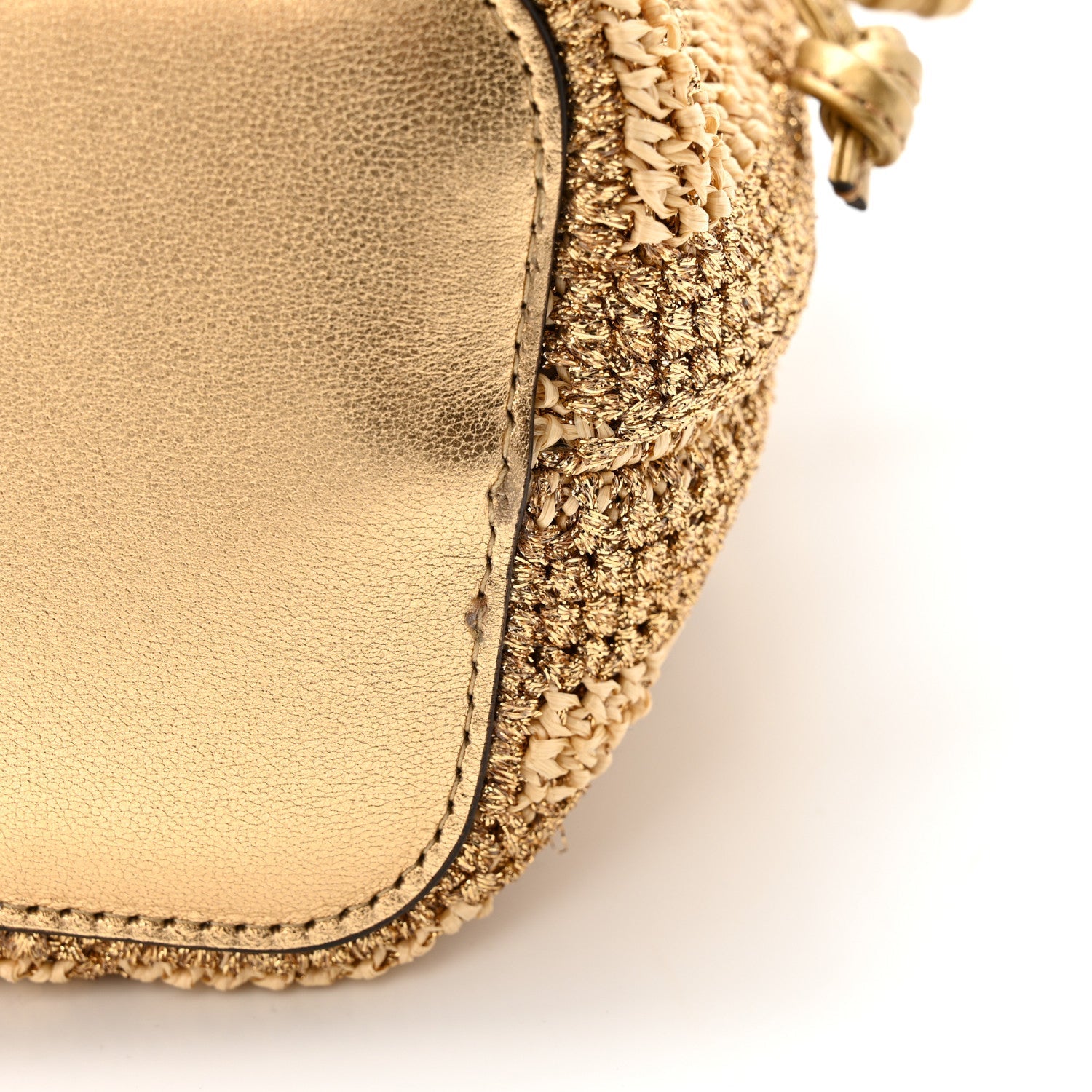 Raffia Lurex Vitello Laminato F is FNDI FF Crochet Mini Mon Tresor Bucket Bag Natural Oro