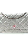 Metallic Lambskin Quilted Wallet On Chain WOC Silver