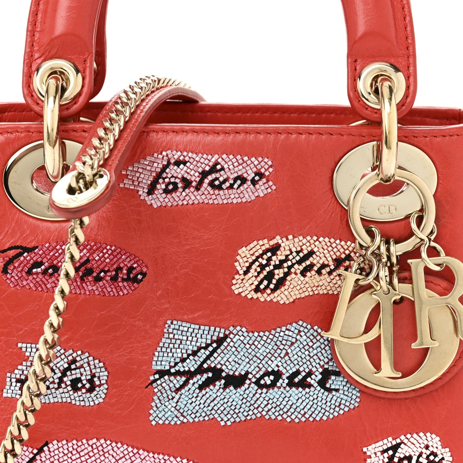 Calfskin Beaded Mini Lady D1OR Rouge Multicolor