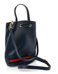 Glazed Textured Calfskin Web Small Ophidia Bucket Bag Blue Agata