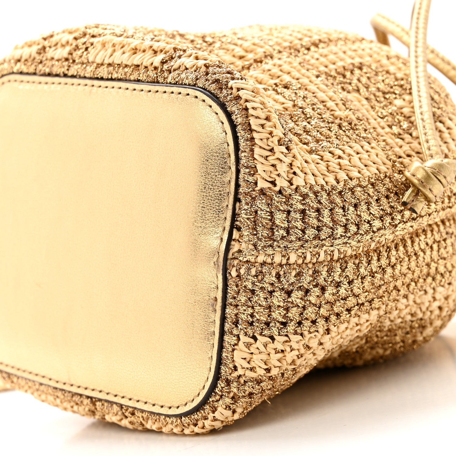 Raffia Lurex Vitello Laminato F is FNDI FF Crochet Mini Mon Tresor Bucket Bag Natural Oro