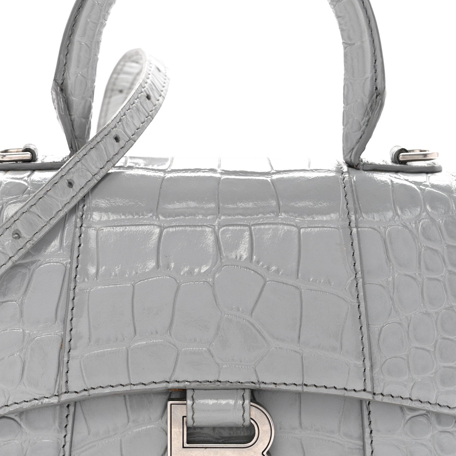 Shiny Calfskin Crocodile Embossed Hourglass Top Handle Bag XS BLCG Grey