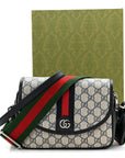 GG Supreme Monogram Textured Dollar Calfskin Web Studded Mini Ophidia Flap Shoulder Bag Beige Blue