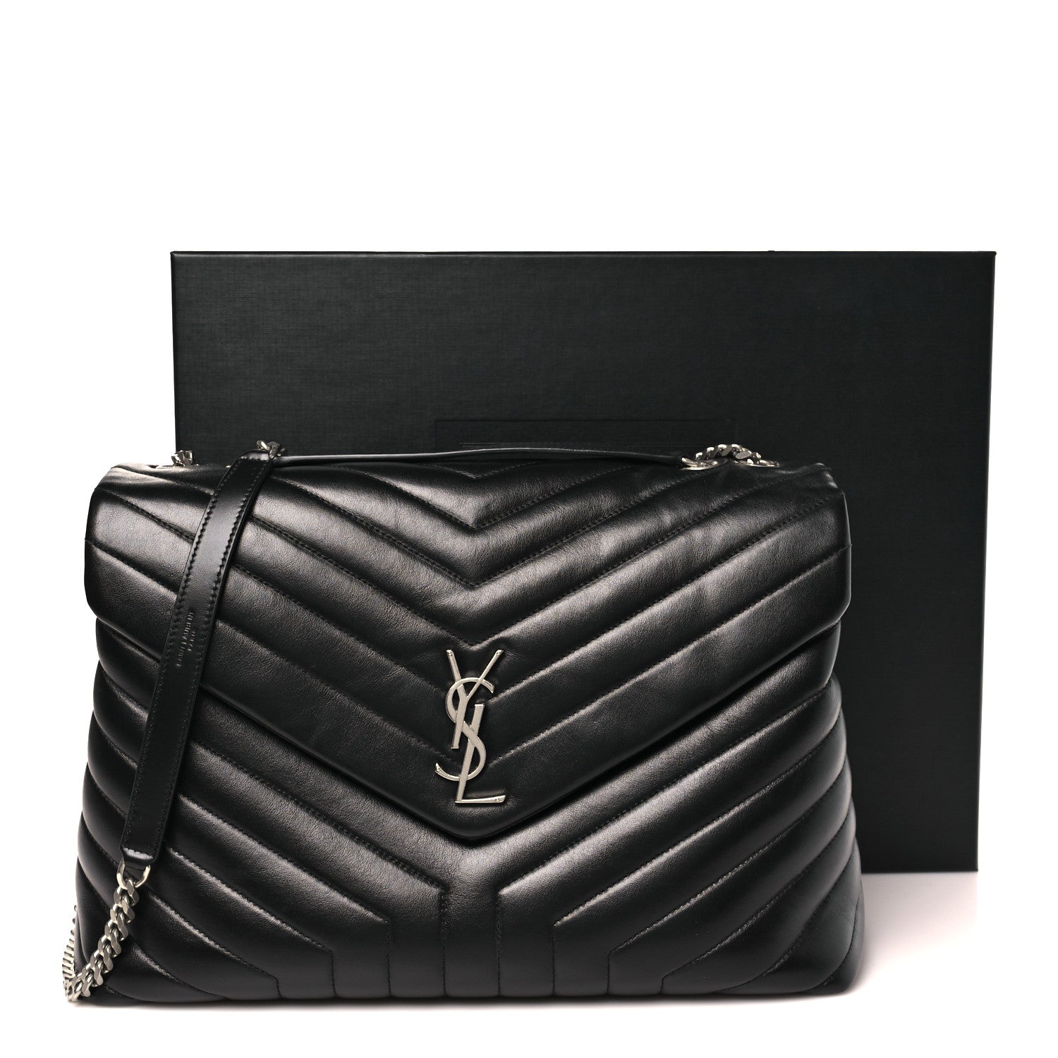 Calfskin Y Quilted Monogram Large Loulou Chain Satchel Black