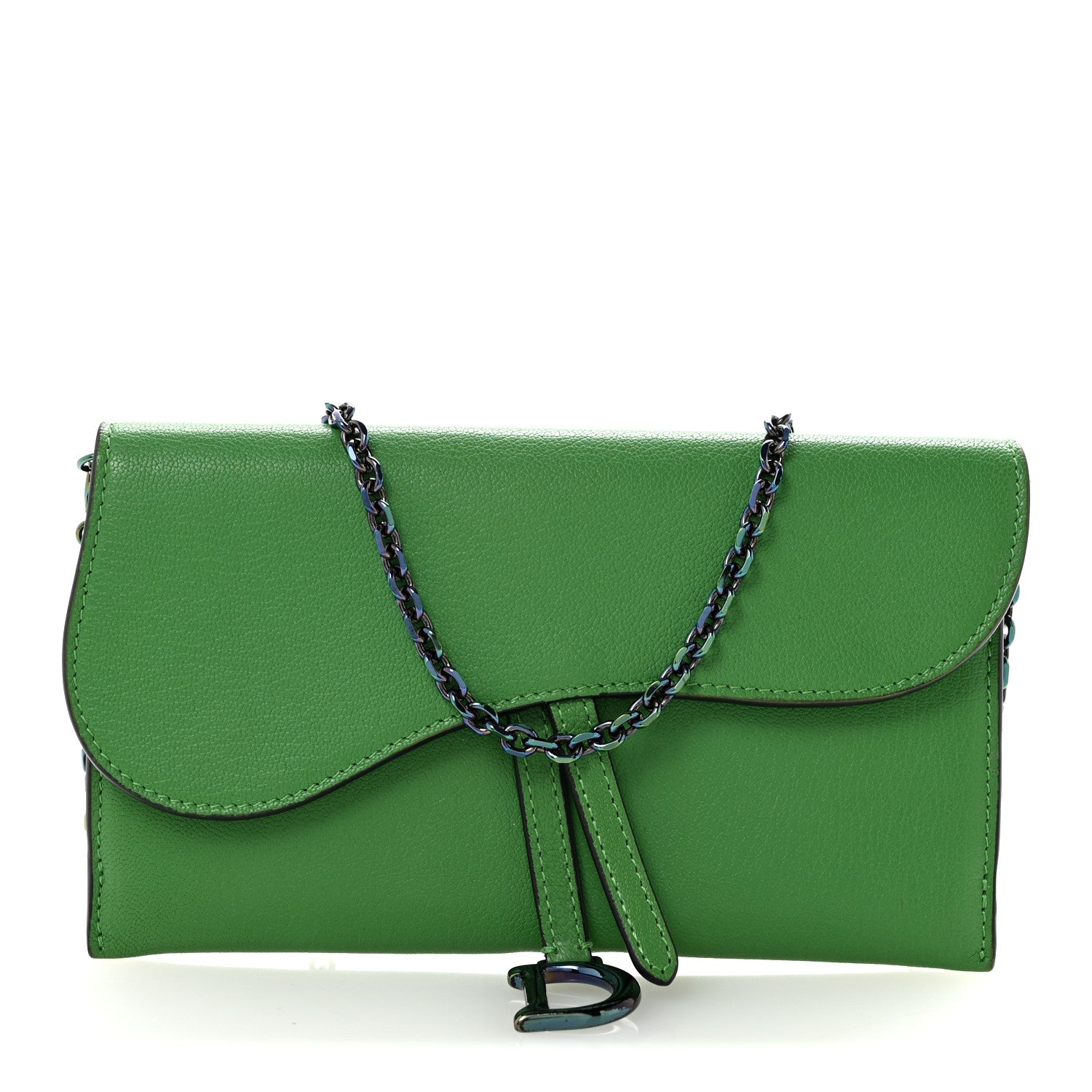 Goatskin Saddle Chain Wallet Pouch Bright Green